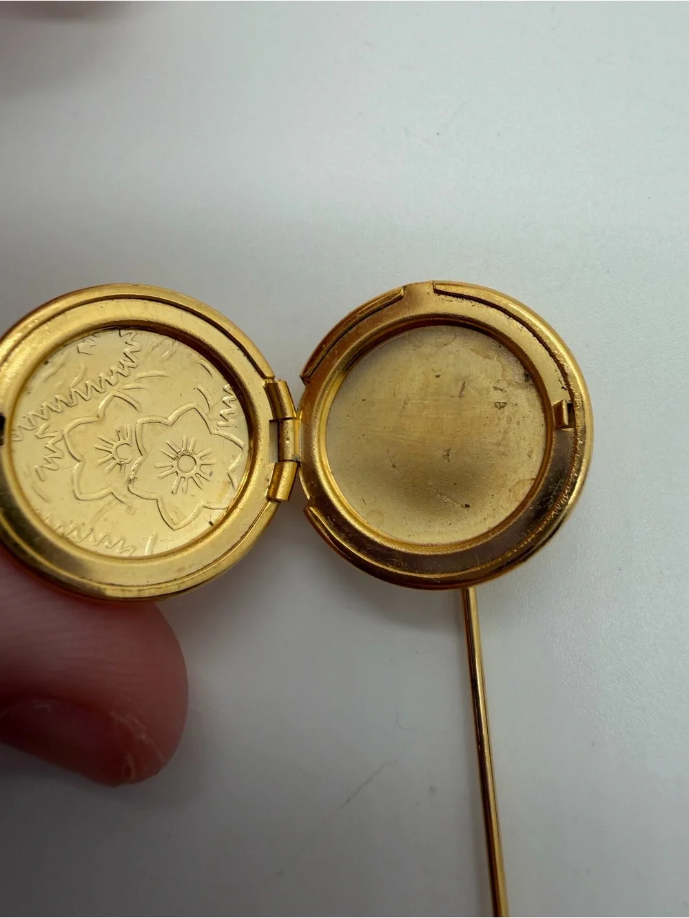 Gold tone etched floral locket hat pin